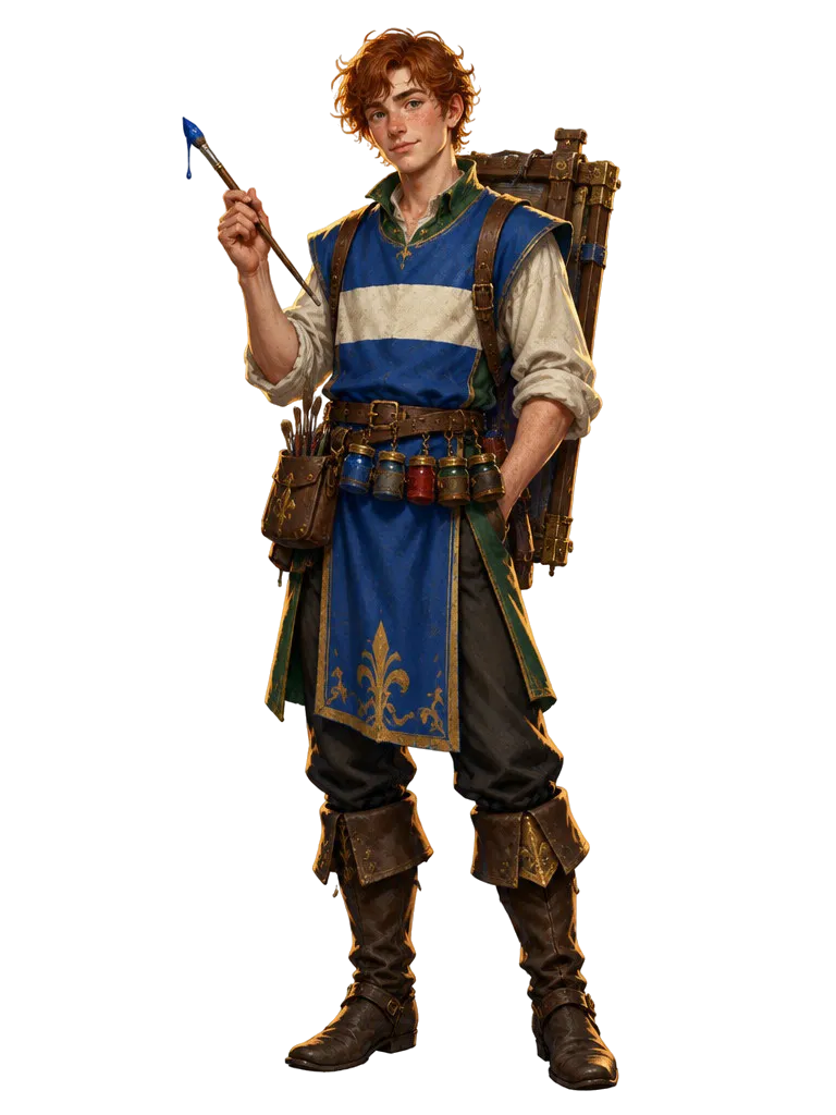 Bran Halloway, pelukis muda berambut tembaga bertabard biru berpalang putih, mengangkat kuas panjang